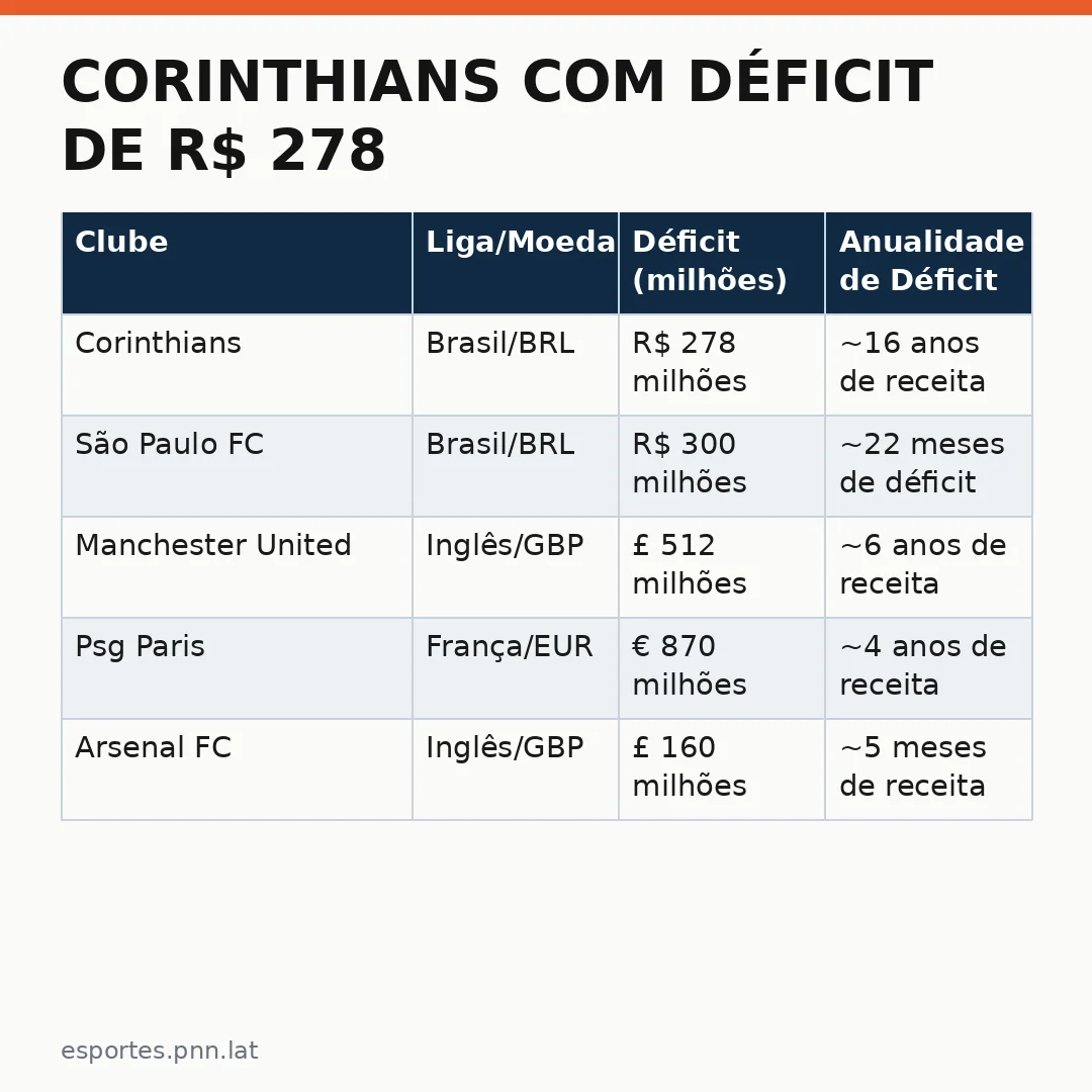 Infográfico - Corinthians com déficit de R$ 278 milhões: crise financeira ameaça temporada e torcida do timão